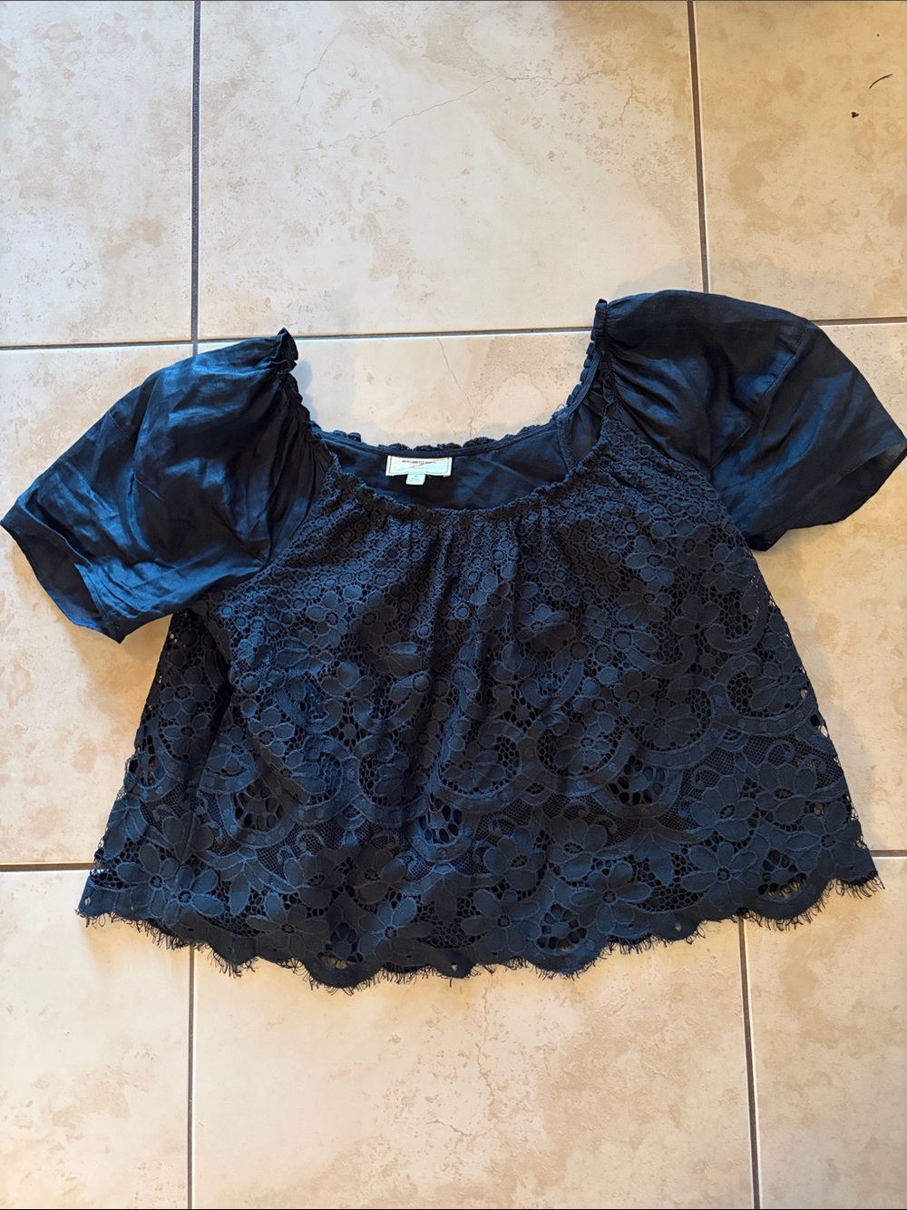 Moulinette Soeurs Black Lace Puff-Sleeve Top